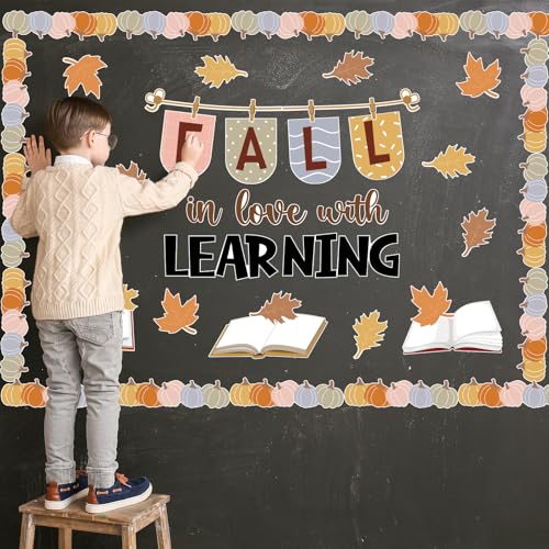Orange 43pcs Fall Classroom Bulletin Board Decorations Set Autumn Boho with Maple Leaves Pumpkin