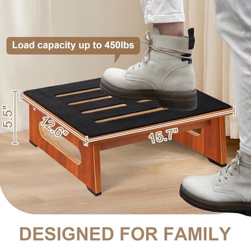 Step Stool, Bed Steps for High Beds for Adults with Non-Slip Rubber Stepping Surface and Handles, 450 LBS Capacity for Bedroom Kitchen Bathroom, or Bedside, Senior Support (Brown)