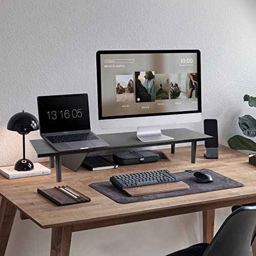 Dual-Monitor-Stand-Riser-For-Desk Adjustable Length 32-40 Inch£¬Large Desktop Computer Monitor Riser For 2 Screens£¬Desk Shelf Organizer Riser Stand For Computer/Laptop/PC/Printer/TV Black