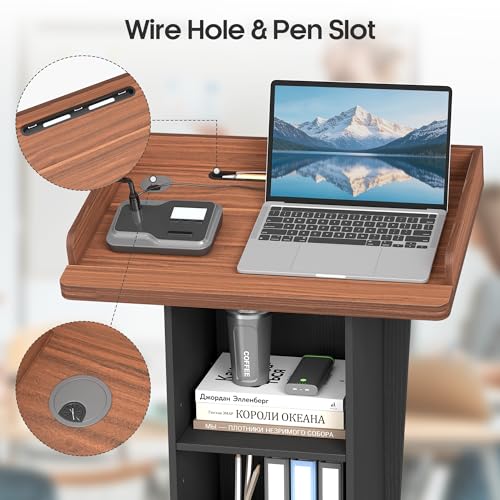 Baoz 15° Tilted Podium Stand with Cabinet & Lockable Wheels (Black-Brown) - Portable Lecture Presentations