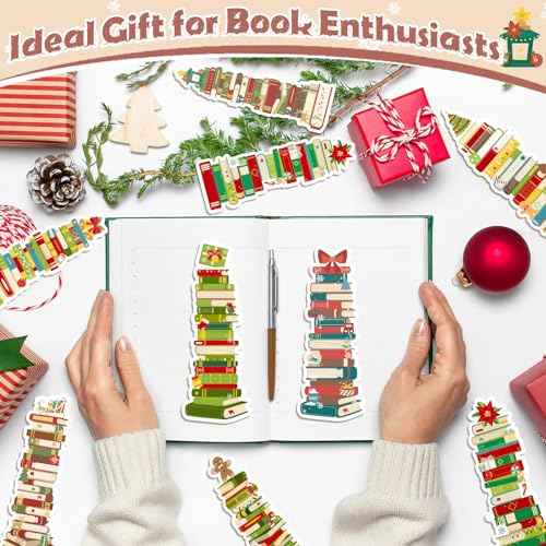 150 Pcs Book Tracker Bookmarks Bulk 6.3 x 1.97 Inch Bookshelf Design Bookmarks Paper Tracking Bookmark Double Sided Reading Page Markers for Reading Lovers Students School(Christmas)