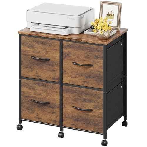 4 Drawer Lateral File Cabinet, Mobile Filing Cabinet for Large Printer, Home Office Functional Small Office Storage Cabinet & Printer Stand, Fabric Drawer, Fits Letter/A4, Rustic Brown