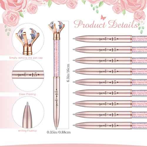 50 Sets Quinceanera Party Favors Sweet 15th Thank You Gifts Big Crystal Diamond Pens with Thank You Cards Retractable Ballpoint Bling Pens 15 Birthday Mis Quince Gifts for Guests (Rose Gold)