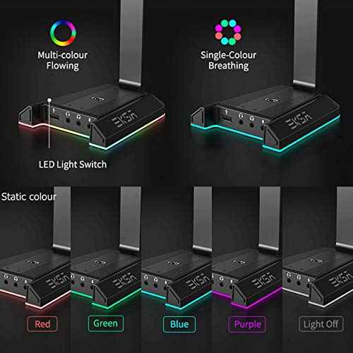 EKSA Headphone Stand, RGB Gaming Headset Stand for Desk with 7.1 Surround Sound, Headphone Holder with 3.5mm Aux and 2 USB Ports, Aluminum PC Gamer Headset Accessories for All Headphones Size