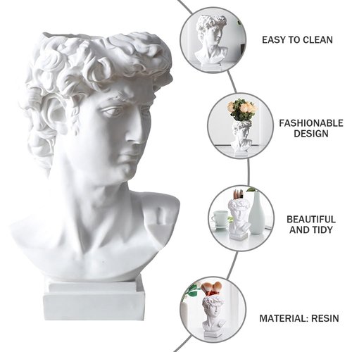 NUOBESTY David Bust Statue Makeup Organizer, 6 Inch David Sculpture Decor for Storage Pen,Brush Holder, Desktop Organizer, Flower