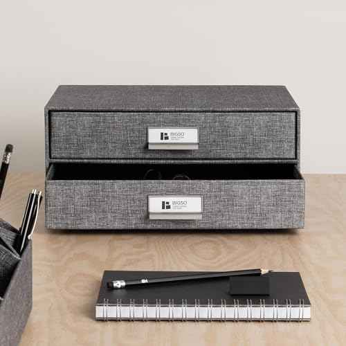 Bigso Birger 2-Drawer Canvas Fiberboard Easy Pull Handle Box - Desktop Drawers for A4 and Letter Size Papers - Desk Drawers with Metal Label Holder - 13.1in x 10in x 5.7in - Melange Grey