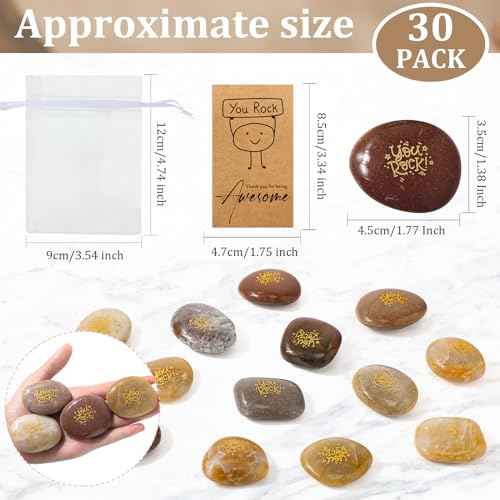 Roowest 30 Sets Inspirational You Rock Gifts Employee Appreciation Gift You Rock Engraved Inspirational Rocks Gift Faith Stones Cards Notecards Organza Bag for Staff Volunteer Teacher Nurse