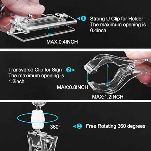 Clear Sign Clips Merchandise Display 12 Pack Plastic Label Pop Clips on Sign Holder Shelf Double Sided Swivel Price Tag Holders on Clothing Rack Rotatable Menu Clamps for Sale Retail Display