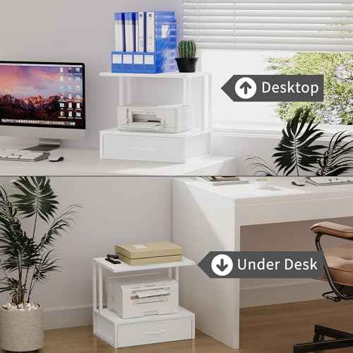 Printer Stand with Storage for Desk, with Fabric Drawer Desktop Printer Stand Shelf Organzier for Home Office, for Above and Under Desk Printer Table, Fax Machine Copier Scanner, White