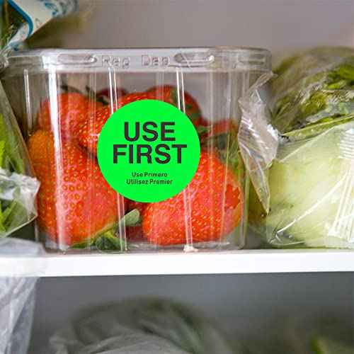 1.5 Inch USE First Stickers Food Service Inventory Control Labels Trilingual Product Labels Fluorescence Green - 500 Stickers Per Roll (10 Rolls)