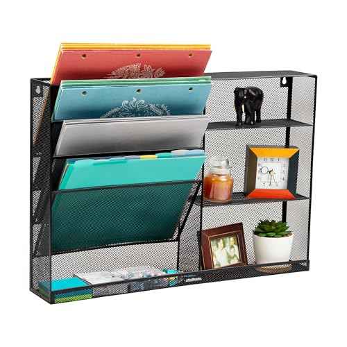Mind Reader 4-Tier Vertical File Storage and Shelves, Desktop Organizer, Wall Mount, Office, Metal Mesh, 22.5" L x 4" W x 16" H, Black