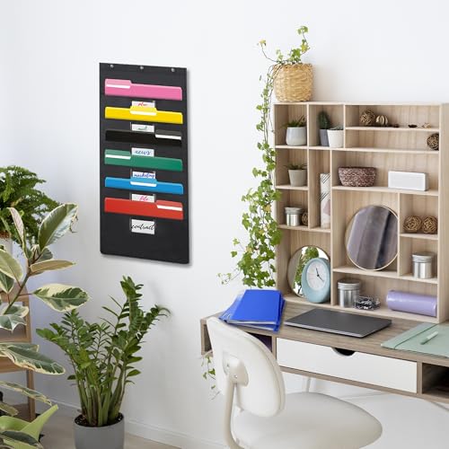 Black Hanging Wall File Organizer with 6 Pockets,2 Packs Wall Hanging File Folder Organizer,Over the Door Storage Pocket Chart with 3 Metal Hangers, Space Saver for Office and Classroom