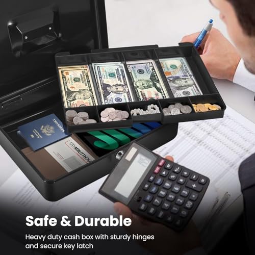 Flexzion Black Cash Box with 9-Compartment Tray, Lock & Key – Portable Money Box for Checks & Coins