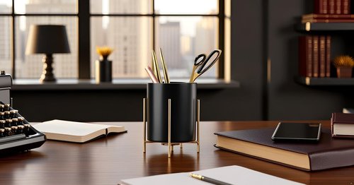 SIEBOLD Sturdy Pen Holder Simple and elegant for Desk Matte Pencil Holder Ceramic Cute Desktop Organizer Brush Holder Cup (Black and Gold Plated)