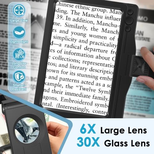 Haotor Black Rechargeable 30X Magnifying Glass with Folding Stand & LED Light