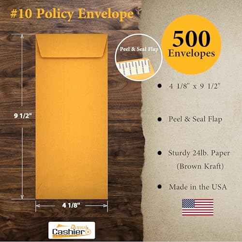 500 Cashier Depot - #10 Policy Envelopes, Open End, Catalog Style, 4 1/8" x 9 1/2", Peel & Seal, Sturdy 24lb Brown Kraft, 500 Count