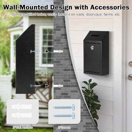 KYODOLED Money Cash Drop Box Wall Mount with Key, Metal Donation and Suggestion Box with Slot and Lock for Home, Farm or Office, Black, 10.24 x 5.7 x 2.95 Inch