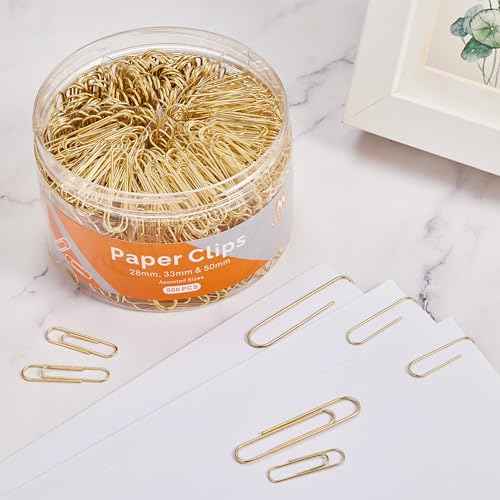 NEEWAY 500pcs Gold Paper Clips Assorted Sizes Small, Medium and Large Paperclips for Paperwork Ideal for Home, School and Office Use
