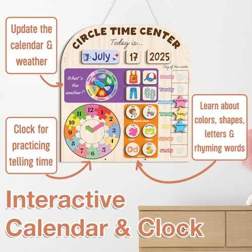 Interactive Calendar for Kids Ages 3-8, Circle Time Learning Center, Wooden Kids Calendar, Teaching Seasons, Years, Months, Days of Week, Language Skills, Preschool & Homeschool Calendars