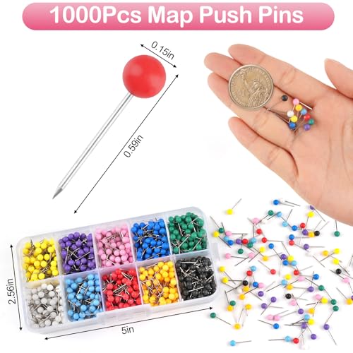 1000 Pcs Multi-Color Push Pins, Map Pins for Travel Map, 1/8" Tacks