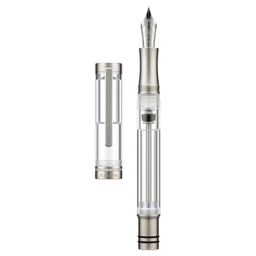 Asvine V200 Titanium Fountain Pen Vacuum Filling, Bock Broad Nib Clear Transparent Acrylic Smooth Writing Pen Case Set
