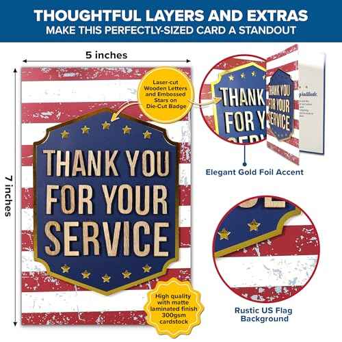 Decorably Gold-Foiled 5x7in Handmade Individual Thank You for Your Service Cards For Veterans with Wooden Letters on Die-Cut Badge, Military Retirement Card with Envelopes, Stickers & Printed Message