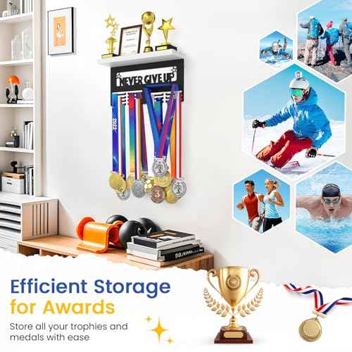 Medal Hanger Display Trophy Shelf Organizer, Wall Mount Race Award Holder, Storage Rack Stand for Sports Fans, Cheer Success, Easy to Install