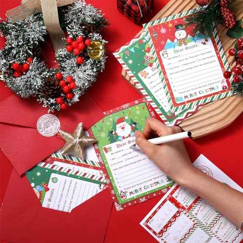 Harloon 150 Pcs Letter to Santa Writing Kit Christmas Wish List Snowman Elf Xmas Letter Paper Stationery with Sticker Nice Naughty Snowflake Envelopes Christmas List for Holiday Greeting Supplies
