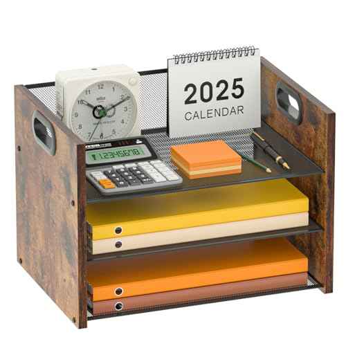 3 Tier Wood Paper Organizer for Desk, Metal Office Organizer and Accessories with Handle, Mesh File Holder for Desk, File Cabinets for Home Office, School