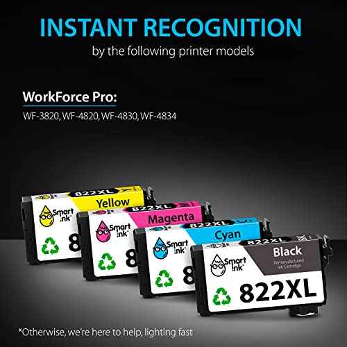 Smart Ink Remanufactured Ink Cartridge Replacement for Epson 822XL 822 XL T822XL to use with WF-3820 WF-4820 WF-4830 WF-4834 Workforce Pro Printers (BK & C/M/Y, 4 Combo Pack)