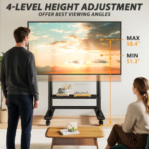 Heavy Duty Rolling TV Stand for 50-98 Inch TVs, Holds up to 200 Lbs — TVON with 1 Shelf, Mobile TV Cart
