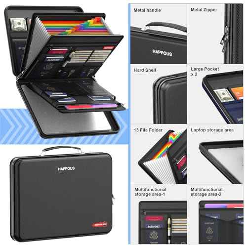Fireproof Document Organizer, Expanding File Organizer with 13 Pockets, Portable Fireproof Document Box Hard-Shell Document Organizer Storage for Documents Laptop Passports Cards Black