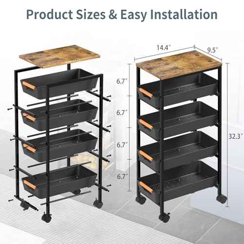 5 Tier Slim Rolling Utility Cart with Drawers Pull-Out Design Slim Storage Cart with Metal Frame and Wooden Top for Narrow Space in Home Kitchen Bathroom Black (Width 9.5 Inches)