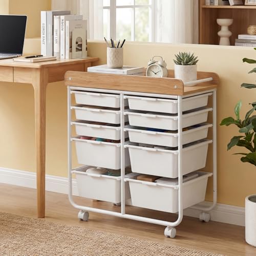 LDAILY White 10-Drawer Rolling Cart with Wooden Top – Lockable Wheels, Dual-Size Drawers