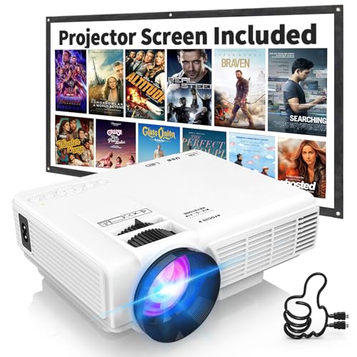 1080P Mini Projector with Screen, Portable Home Theater Movie Projector with Two-Way Bluetooth, HDMI/USB Input for Smartphone/TV Stick, Ideal for Indoor & Outdoor Use