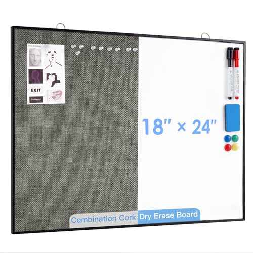 ARCOBIS Cork Board White Board Combo, 24"X18" Linen Bulletin Board Whiteboard for Wall, Double-Sided Magnetic Dry Erase Corkboard for Home, Office, School, Grey