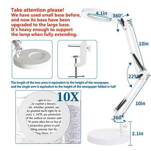 HITTI 10X Magnifying Glass with Light, 1,800 Lumens Stepless Dimmable, 3 Color Modes, 4.2¡È Real Glass Lens LED Magnifying Desk Lamp & Clamp, Magnifier Light and Stand for Crafts Close Work-White