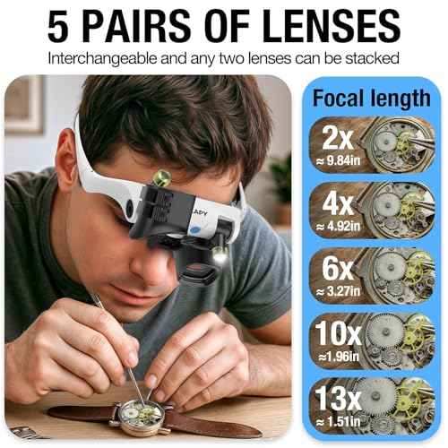 Magnifying Glasses for Close Work, Jewelers Magnifying Glass with Light & 5 Interchangeable Lens Pairs(2X 4X 6X 10x 13x), Headband Loupe Magnifier for Watch Repair,Crafts, w/Storage Case
