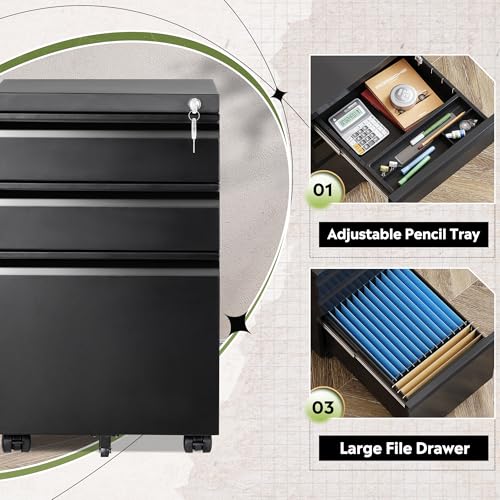 DEVAISE Black 3-Drawer File Cabinet with Lock, 17x15x24 Inches, Fully Assembled