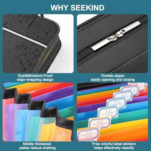SEEKIND PU Leather Accordion File Organizer with Handle & Strap£¬12 Pockets Expanding File Folder with Zipper & Labels£¬Portable Document Organizer File for Letter A4 Files
