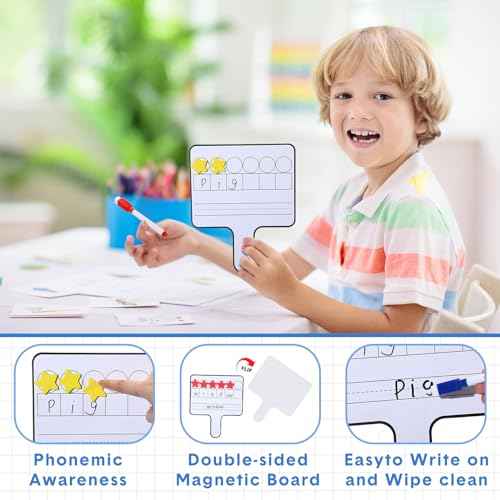 Jetec 16 Pcs Magnetic Paddle Set Education Dry Erase Double Side Handheld Answer Board with Dry Erase Markers Phonemic Awareness Phonics Supplies (Star Shaped Counters)