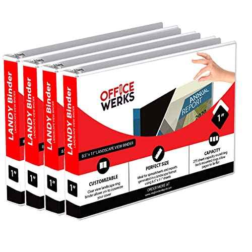 4 Pack of 8.5" X 11" Landscape View Binder, 3-Ring 1-Inch Capacity Round Ring, White Horizontal Formatted with Clear Cover Pockets, Perfect for Documents, Spreadsheets, Projects and More
