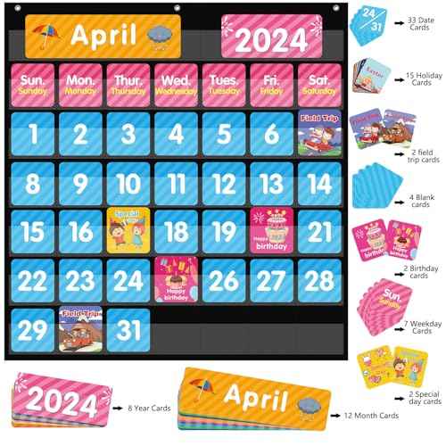 REGELETO Large 44 Pockets Calendar Pocket Chart for Classroom with 85 Cards, Size:25¡± X 24¡± Monthly Calendar and Weather Black Pocket Chart for Kids Learning for Home or Kindergarten (44 Pockets)