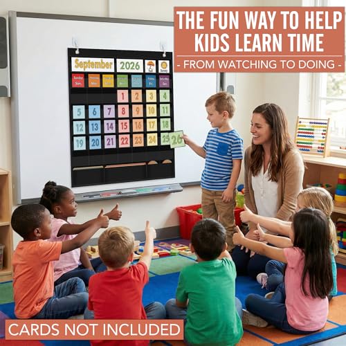 SCHOLOX Black Classroom Calendar Pocket Chart for Elementary & Homeschool