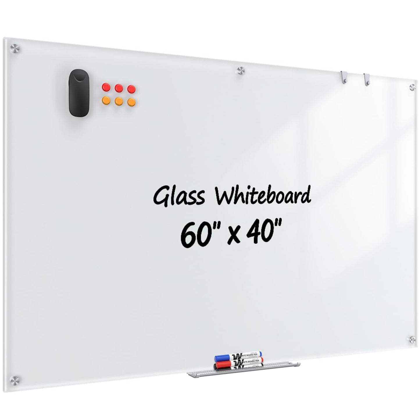 Tomofyzy Glass Whiteboard 60" x 40", Frameless Wall Mounted Dry Erase Board with Tempered Glass Surface, Steel-Backed Magnetic Support, Tray, Eraser, Markers & Magnets for Office, School, Home
