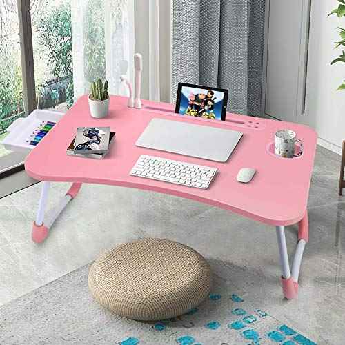 Slendor Lap Desk with Tablet Slot, Foldable Laptop Table with Storage Drawer for Bed£¬Portable Bed Desk for Laptop, Computer Tray with Cup Holder Notebook Stand Reading Holder for Couch Floor, Pink