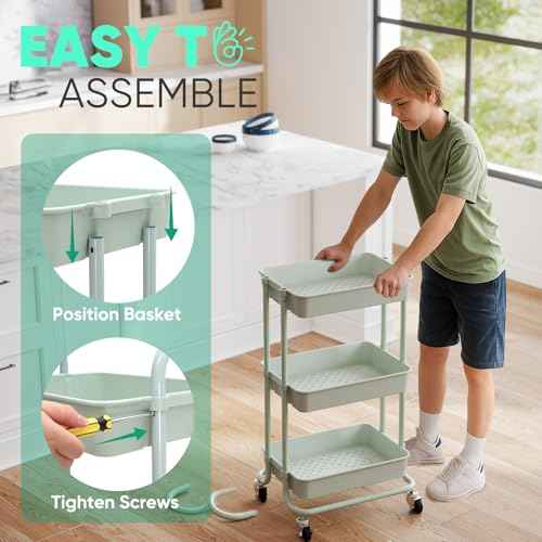 Sekey 3 Tier Rolling Cart Plastic, Easy Install Utility Cart on Wheels, Heavy Duty Storage Cart with Lockable Wheels for Baby Nursery, Bathroom, Kitchen, Laundry Room, Green
