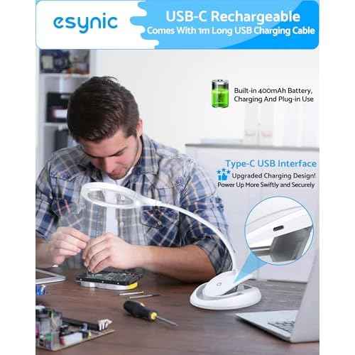 eSynic Magnifying Glass with Light and Stand USB-C Rechargeable 5X &10X 110mm Large Len 15 LEDs 3 Brightness Levels Flexible Desktop Magnifier Lamp with Clamp & Base for Reading Crafts Jewelry Repair
