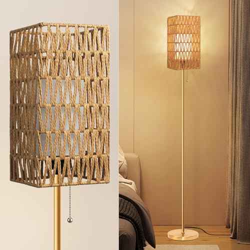 Floor Lamp for Living Room,Farmhouse Rattan Floor lamp,Modern Standing lamp with Hand-Worked Rattan Shade,Gold Tall Lamp with Chain Switch (Square Shade)