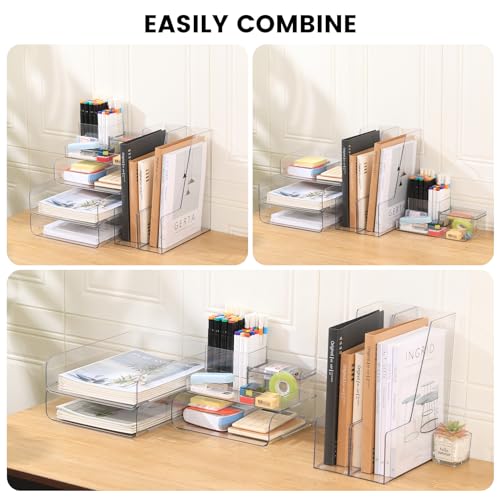 Desk Organizer with 2 Vertical File Holder, 4 Tier Stackable Paper Letter Tray File Organizer with 5-Compartments Pen Holder, Clear Desktop Organizer Office Organization and Storage